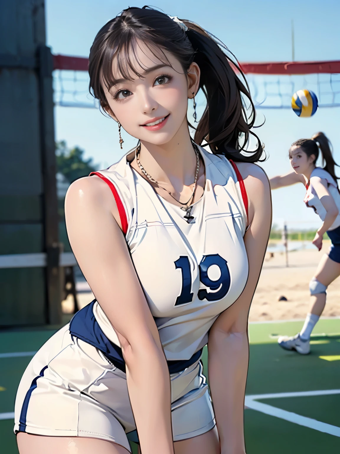 ((((highest quality))))、(((Ultra-precision CG16K wallpaper)))、(((masterpiece)))、(((Super detailed)))、(((Extreme detail)))、((1Mature 29 year old woman:1.6))、((Very beautiful Japan face of a person))、((Urizane Face:1.8))、((Soft wavy medium long ponytail hair、blunt bangs:1.3))、(Shiny brown hair)、A delicately drawn beautiful face、eyeliner、Eyeshadow、High nose、Small nostrils、Small Mouth、Seductive lips、Beautiful breasts、((C cup size breasts))、Cleavage、Beautiful feet、eight-headed body、Perfect proportions、Perfect Anatomy、Perfect composition、Beautiful detailed shading、Beautiful, natural lighting、Beautiful detail glow、Depth of written boundary、(((High chroma)))、(((Real:1.9)))、((vivid:1.5))、((Beautiful Skin))、((Skin Texture))、((Realな皮膚感))、(((Cowboy Shot:1.6)))、((front view、shoot from front、front low angle:1.6))、(((smile:1.6)))、((The woman is looking at this、looking at viewer:1.6))、Bright daylight、Natural light、(((gym、Volleyball court:1.5)))、(Walking pose:1.6)、(((Off-white volleyball uniform:1.6)))、((necklace、Wearing earrings:1.5))、((Knee-high socks:1.3))、