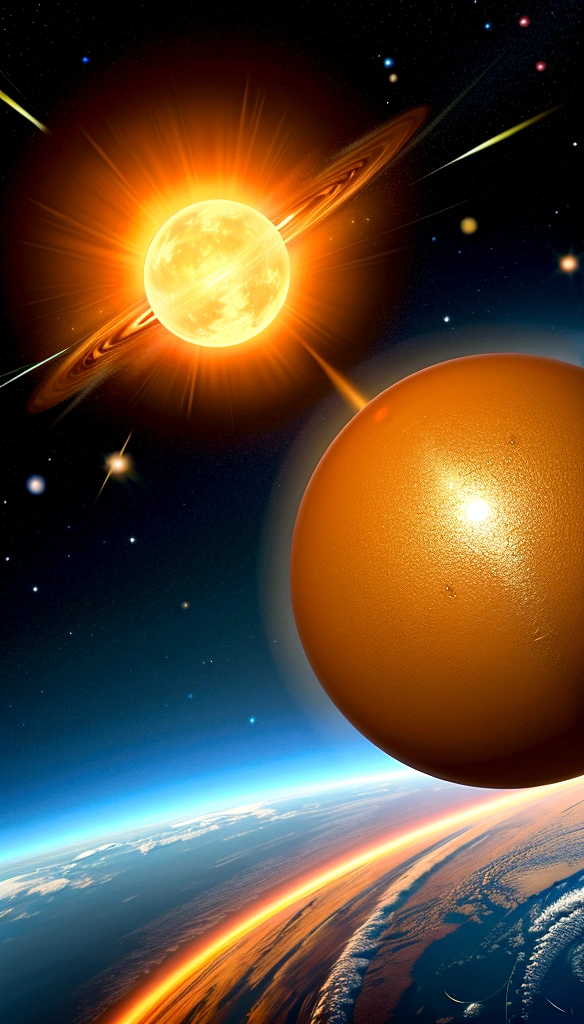 planetのファントム, 空に輪を持つplanet、gold、Sparkling、sun、universe、planet