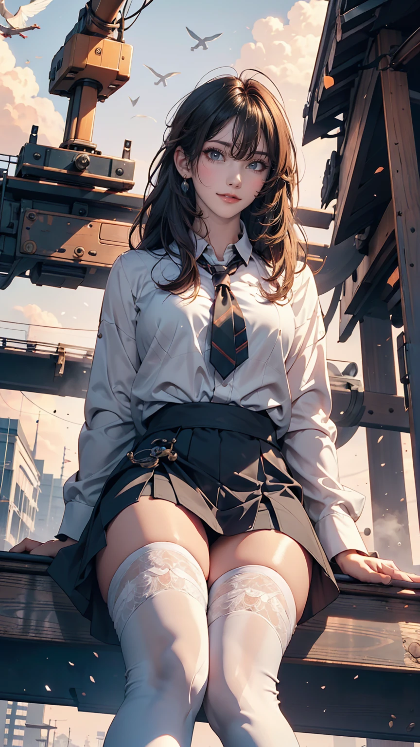 masterpiece, highest quality, Very detailed, unity 8k wallpaper, (Ride a crane), Sky, 1 girl, Heavy machinery, Gradient Hair, Hair between the eyes, Ahoge, Year: 16, Recall, Pretty face, White knee socks,