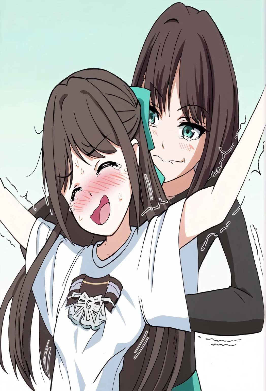 two extremely delicate and beautiful girls,Girl in white shirt raising her arms,The other girl put her hand into the sleeve of the girl in the white shirt,(laughing:1.4),(big mouth:1.1),open mouth,happy,(frown:1.3),crazy smile,(pain face:1.2),blush,tears,sweat,(tickling armpits),((trembling)),(((masterpiece))), (((best quality))), (official art), ((extremely detailed CG unity 8k wallpaper)), (Best character details), ((ultra-detailed)), (illustration), (dynamic angle),