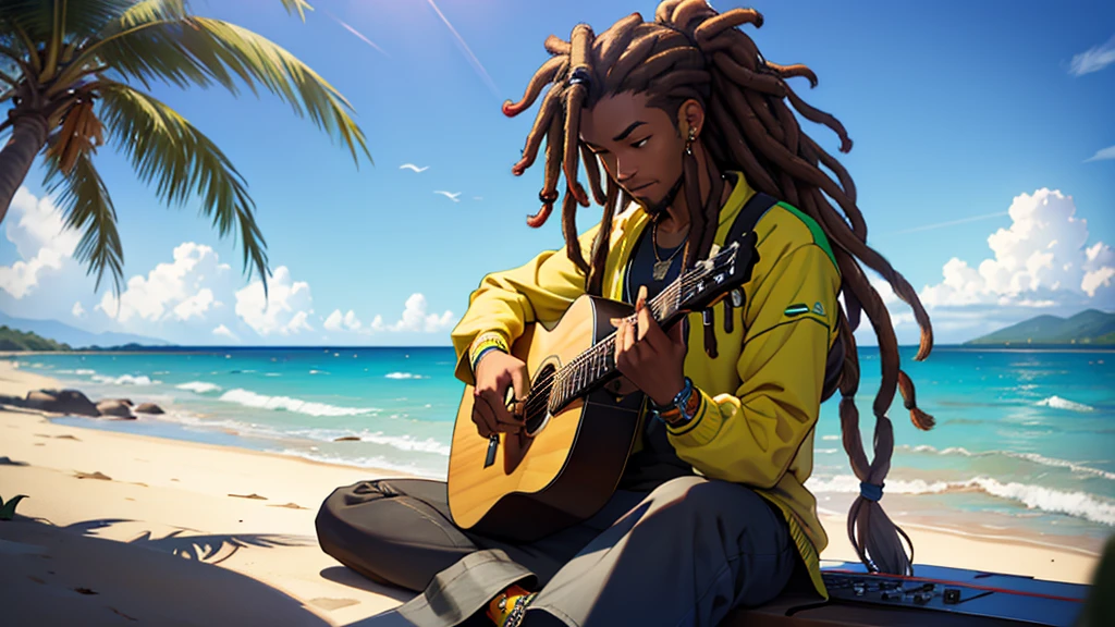 A jamaican reggae dJ with dreads sitting on the shore playing guitar jamaican reggae dJ with dreads playing an acoustic guitar in front of the ocean the rap album cover is a picture of the guy with dreadlocks playing the guitar
