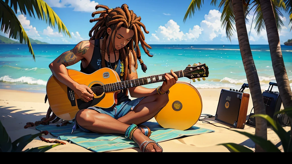 A jamaican reggae dJ with dreads sitting on the shore playing guitar jamaican reggae dJ with dreads playing an acoustic guitar in front of the ocean the rap album cover is a picture of the guy with dreadlocks playing the guitar
