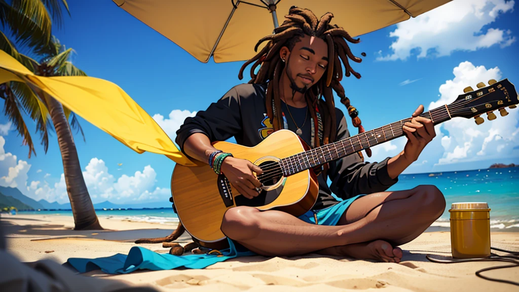 A jamaican reggae dJ with dreads sitting on the shore playing guitar jamaican reggae dJ with dreads playing an acoustic guitar in front of the ocean the rap album cover is a picture of the guy with dreadlocks playing the guitar
