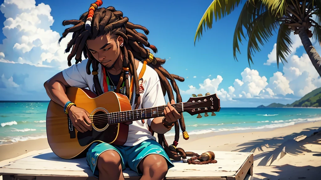 A jamaican reggae dJ with dreads sitting on the shore playing guitar jamaican reggae dJ with dreads playing an acoustic guitar in front of the ocean the rap album cover is a picture of the guy with dreadlocks playing the guitar