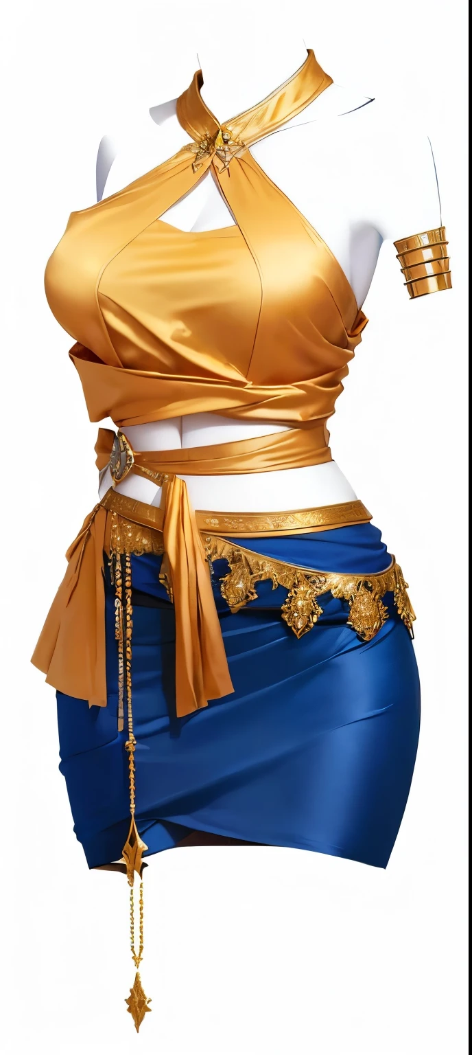 There is a blue skirt，There is a camisole on top , whole body!! Extreme details, Fashion Design,，, gold blue suit, whole body close-up shot, 2K, two, Waist Up Portrait, Very detailed and rich costumes, Concept works, medium close-up