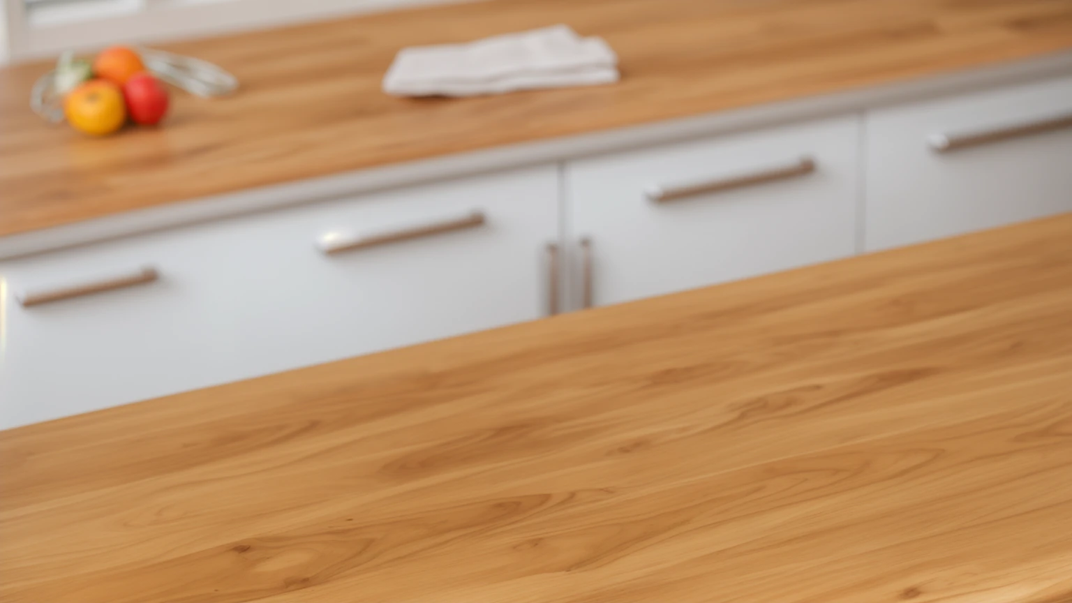 in light kitchen, wooden table, wooden texture, white cabinets, bright lights, soft light, window light, professional lighting, light from the window, neat light