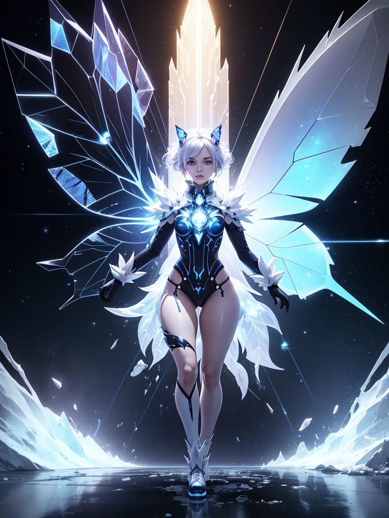 x ray of a butterfly of crystal ice, synergy, 3D, digital matrix, x ray butterfly silhouette, transparent, translucent, crystal, snowy, icy, white colour, radiation, emphasis on the colour, ultra-realistic, 
HDR+, professional photo, hyperrealism, space constellations,
full body, a lot of
 small weird objects inside, symmetry, dynamic, points and lines, steampunk,
laser show