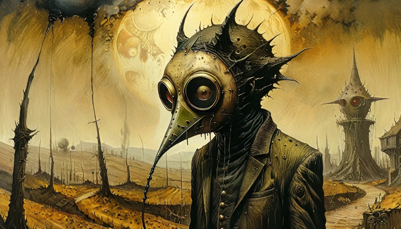 Surreal alien landscape, plague mask, doom, 4k, ultra-detailed, by Duccio di Buoninsegna, Dave McKean style