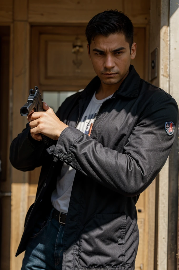 Homme qui est de dos avec les mains accroché,il est accroupi. A woman is in front of this man with a gun who threatens to kill him by pointing the gun at his head 