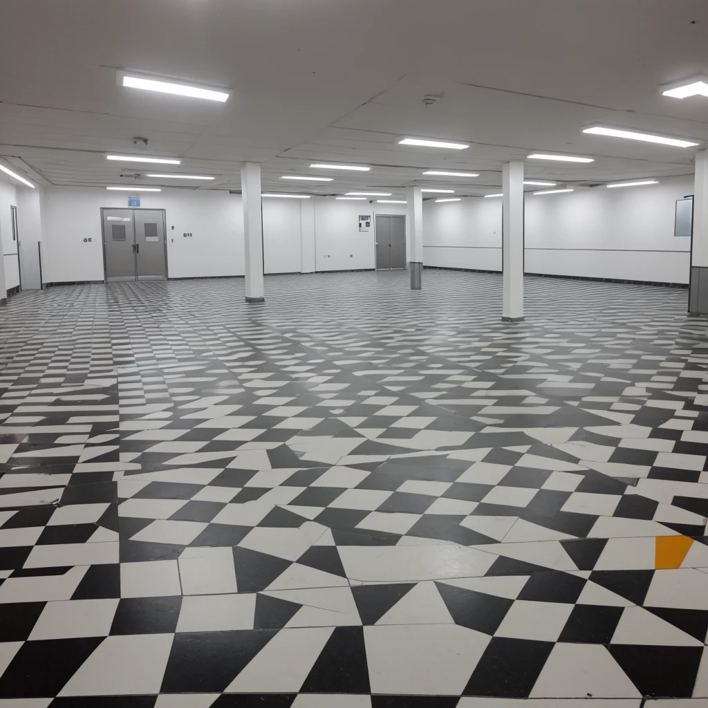a brightly colored floor in an empty building, checkered floor, on a checkered floor, angular dynamic white rock floor, set inside of parking garage, acid pooling on the floor, in an underground parking garage, black and white checkered floor, secret underground lab, empty floor, floor tiles, indoor liminal space, vaporwave mall aesthetic