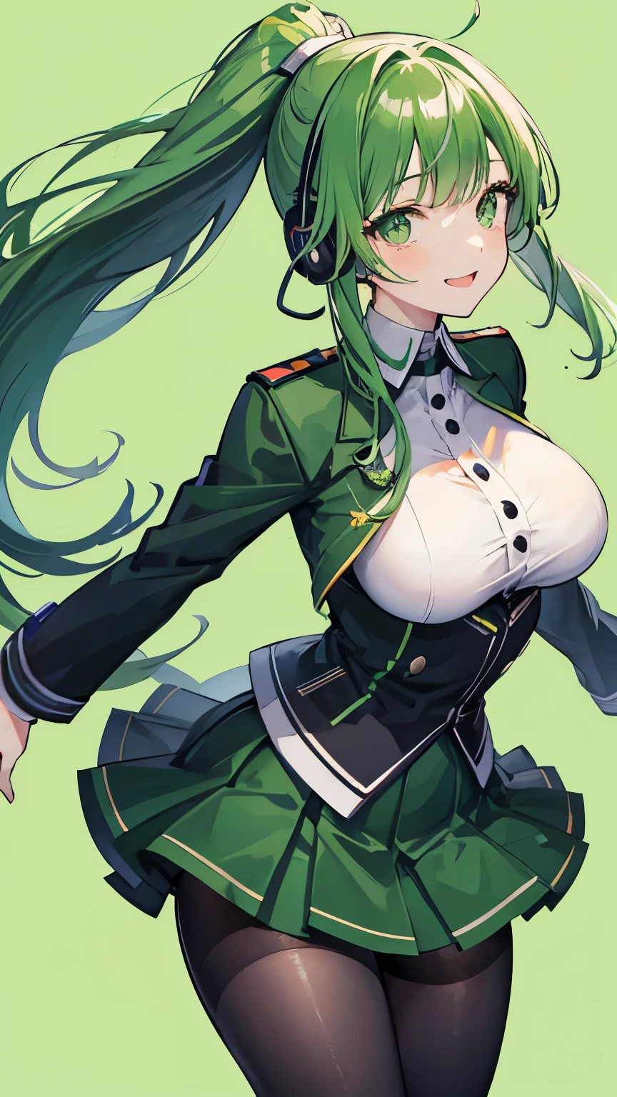 DJ,ponytail,1 person,smile,headphone,high school girl,Green Hair,No sleeve,Black Pantyhose,highest quality,High resolution,Droopy eyes,Green Eyes,uniform,Straight bangs,Black and green outfit,Big Breasts,Open your mouth a little,Near future,smile,mini skirt