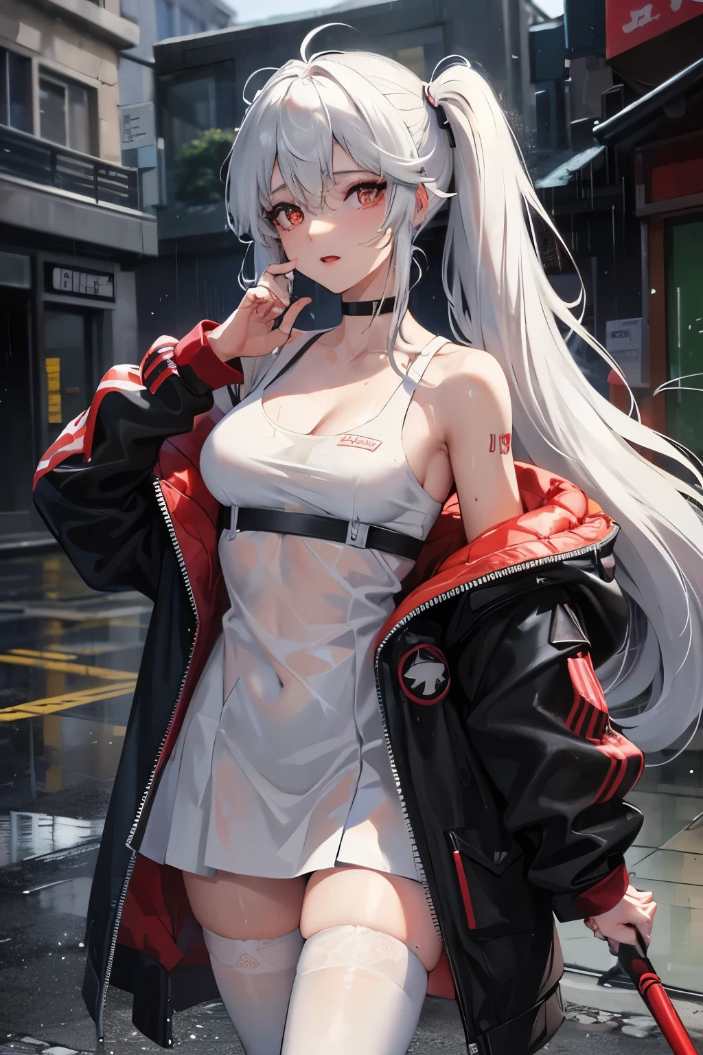 realistic, anime, 1girl,bangs, twintails, long hair, small breasts, off shoulder, white hair, rainbow hair, oversized T-shirt, white T-shirt, black bra, bare legs, thigh, cleavage, collarbone, (extremely detailed CG unity 8k wallpaper, masterpiece, best quality, ultra-detailed, best shadow), (masterpiece:1.2, best quality), very red eyes, sweat, soft body, cute, arm strap, thigh strap, multicolor eyes, outside, out door, raining, night, wet cloths, standing, standing in the rain, wet hair, wet skin, see through, (heavy rain), ruined building, messy ground, bullet shells on ground, dust, wounds, walking, jacket, tactical suit, military equipment, (night), white legwear, wet thighs, ((lotion)), from behind, (wet), dress, skirt, , happy, happy expression, thighs, from below, horizon, \(weapon\)