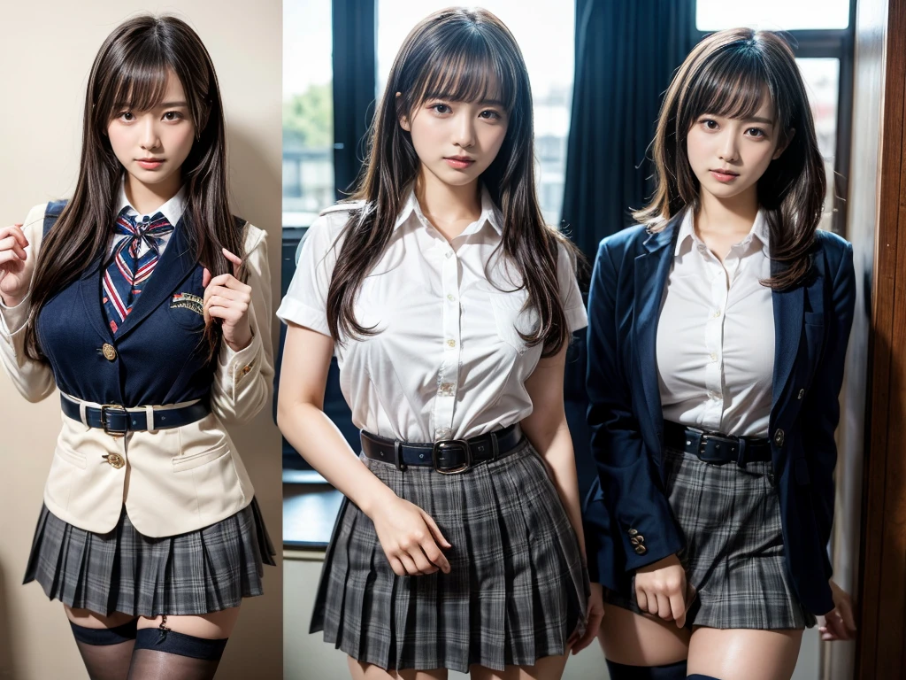 masterpiece, best quality, illustration, Super detailed, fine details, High resolution, 8K,wall paper, perfect dynamic composition,(Details High quality, realistic depiction of eyes:1.3), (2 girls, 2 schoolgirls:1.2), from side, High School Classroom、High school girl uniform、blazer 、Super Short Check Uniform Skirt、Navy blue high socks、garterbelts、Colossal tits、Disturbed uniform, short bob hair, black hair color, huge breasts, Big Natural Color Lip, bold sexy pose, (perfect body shape), crying a little、 Harajuku style、20 year old girl、 beautiful legs, hposing Gravure Idol, Voluptuous thighs