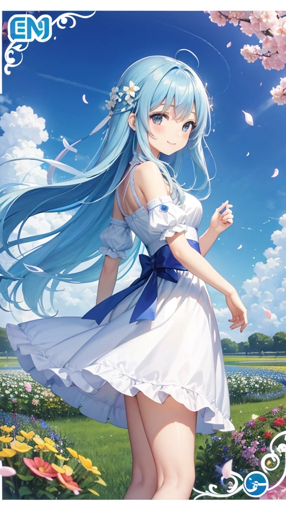 (High resolution、Ultra-detailed、Hmph、movie)、solo、One Girl、happiness、Girl Standing In Cosmos Flower Garden、Girl around the petals、Charming smile、Esbian all over、Girl with long blue hair、Light blue hair、Look forward、Fantasy、Official Art、Pop Art、profile、Ultra-detailed顔、Ultra-detailed目、Cosmos Flower Garden、Ultra Detailed Fields、White blue sky、 Shui Color、Blanche、Nebula in the sky、Watercolor、pastel colour