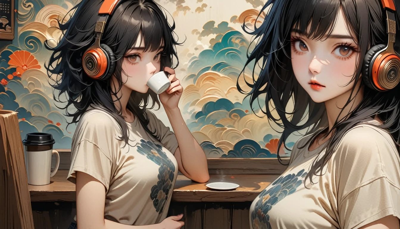 ((8k of extremely detailed CG unit, Masterpiece, high resolution, highest quality, highest quality real texture skin)), (((shoot ???????????))), (wearing Japanese pattern headphones), ((1 girl)), ((Drinking coffee in a cozy cafe)), ((denim)), (Japanese pattern Tシャツ), (Black hair, messy hair, beige skin), (Surreal, digital painting)
