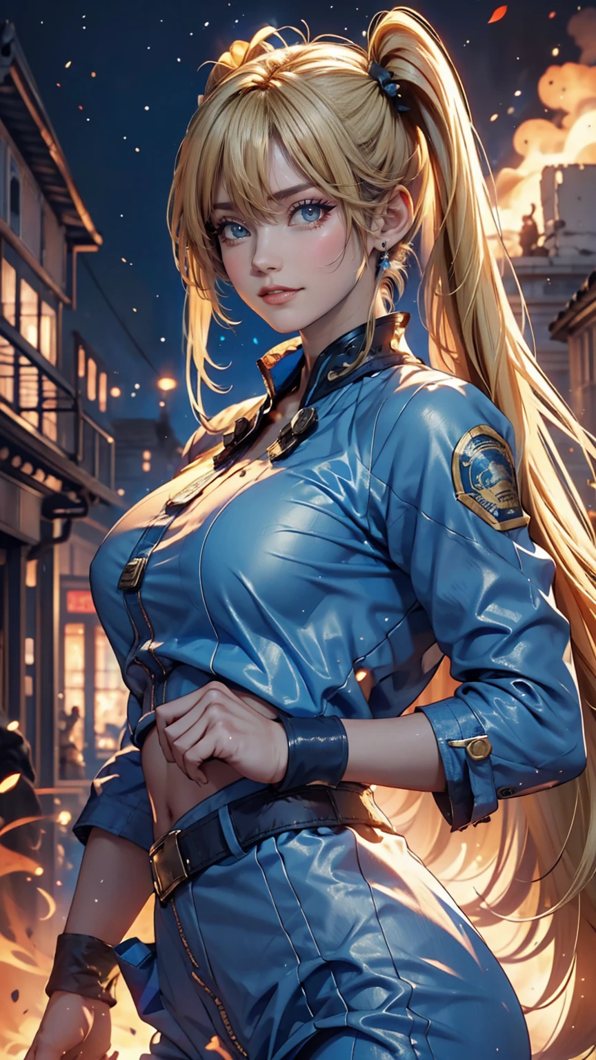 masterpiece, highest quality, bubble, Blue clothes, Blonde twin tails, Pretty face, Highly detailed eyes, Intense expression, Fighting Pose, Destroyed city, A distant fire, Rising Smoke,