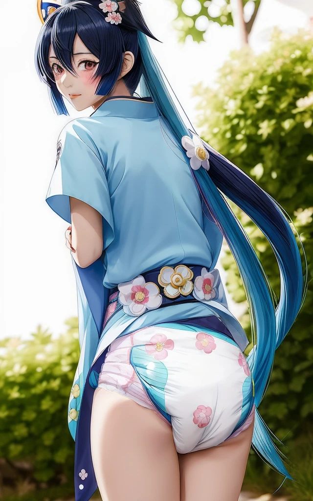 (anime girl from Genshin Impact:1.2), feminine, Blue Long Hair, Wearing Kimono, cutesy face, cutesy eyes, high quality, anime style art, anime, From Behind POV, Looking Back, blushing, embarrassed, poofy diaper