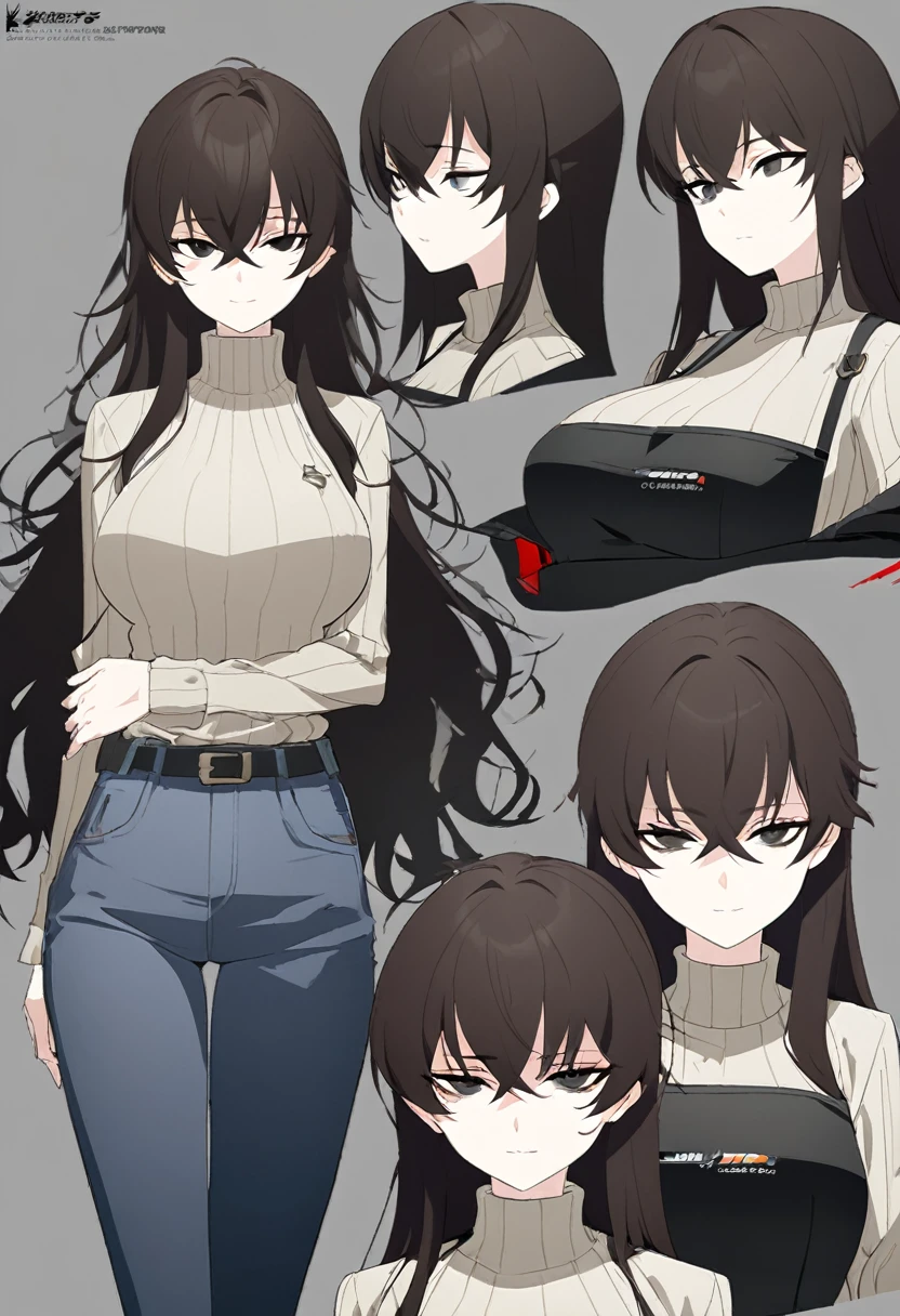 One Woman,Downer,older sister,Concept Art,Dark brown hair,Straight hair with slight inward curls,Staring eyes,Eye Ridge,black eye,Crossed bangs,whole body,smile,Larger breasts,Gray background,Bangs that reach down to the eyes,Messy hair,Perfect dark jeans,Light brown turtleneck sweater,Multiple views of the same character,Character Design,Dark circles under the eyes,Bad look,Listless,Sloppy,accessories,Arknights Wind,Cafe staff,Holding a cigarette,whole bodyCharacter Design,Detailed hands,