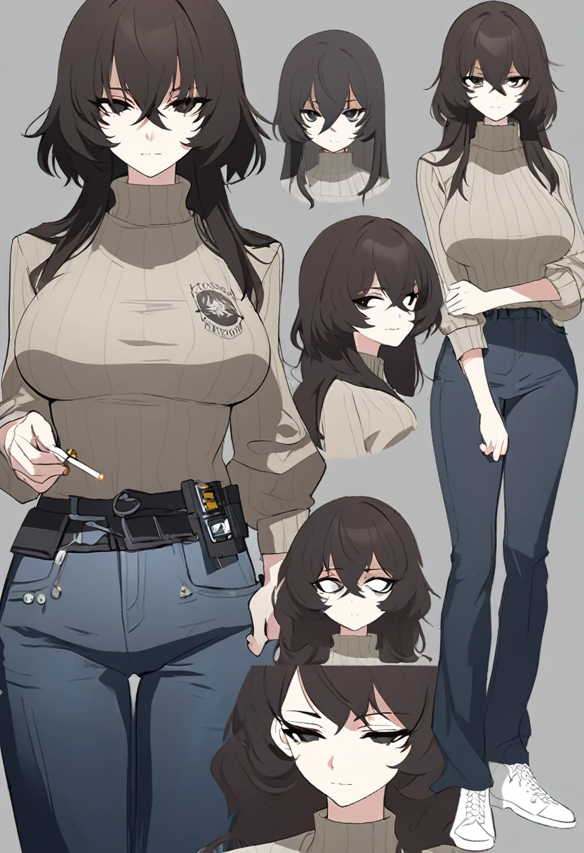 One Woman,Downer,older sister,Concept Art,Dark brown hair,Straight hair with slight inward curls,Staring eyes,Eye Ridge,black eye,Crossed bangs,whole body,smile,Larger breasts,Gray background,Bangs that reach down to the eyes,Messy hair,Perfect dark jeans,Light brown turtleneck sweater,Multiple views of the same character,Character Design,Dark circles under the eyes,Bad look,Listless,Sloppy,accessories,Arknights Wind,Cafe staff,Holding a cigarette,whole bodyCharacter Design,Detailed hands,