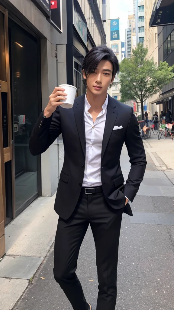male,tall,Hair is short and black,Slim and muscular,Asian Handsome,Drinking coffee in the city,In a suit