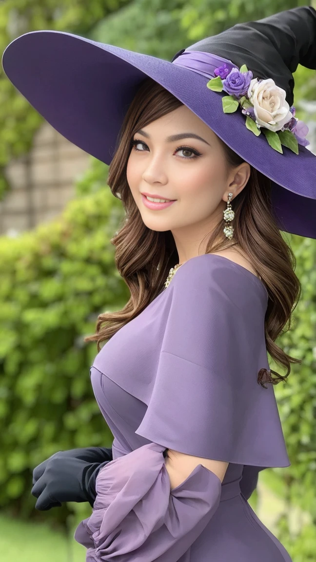 a beautiful girl, perfect face, arms at sides, masterpiece, ultra high res, high quality, 4k, upper body:1.5,  lisa (genshin impact), urple witch hat, green eyes, brown hair, (PureErosFace_V1:0.008), (european:1.6), bangs, dress, rose, jewelry, witch, capelet, purple headwear, black gloves, purple flower, hair between eyes, purple rose, parted lips, purple capelet, hat flower, multicolored dress, hair ornament,  windmill, from side, big breasts and slender body 