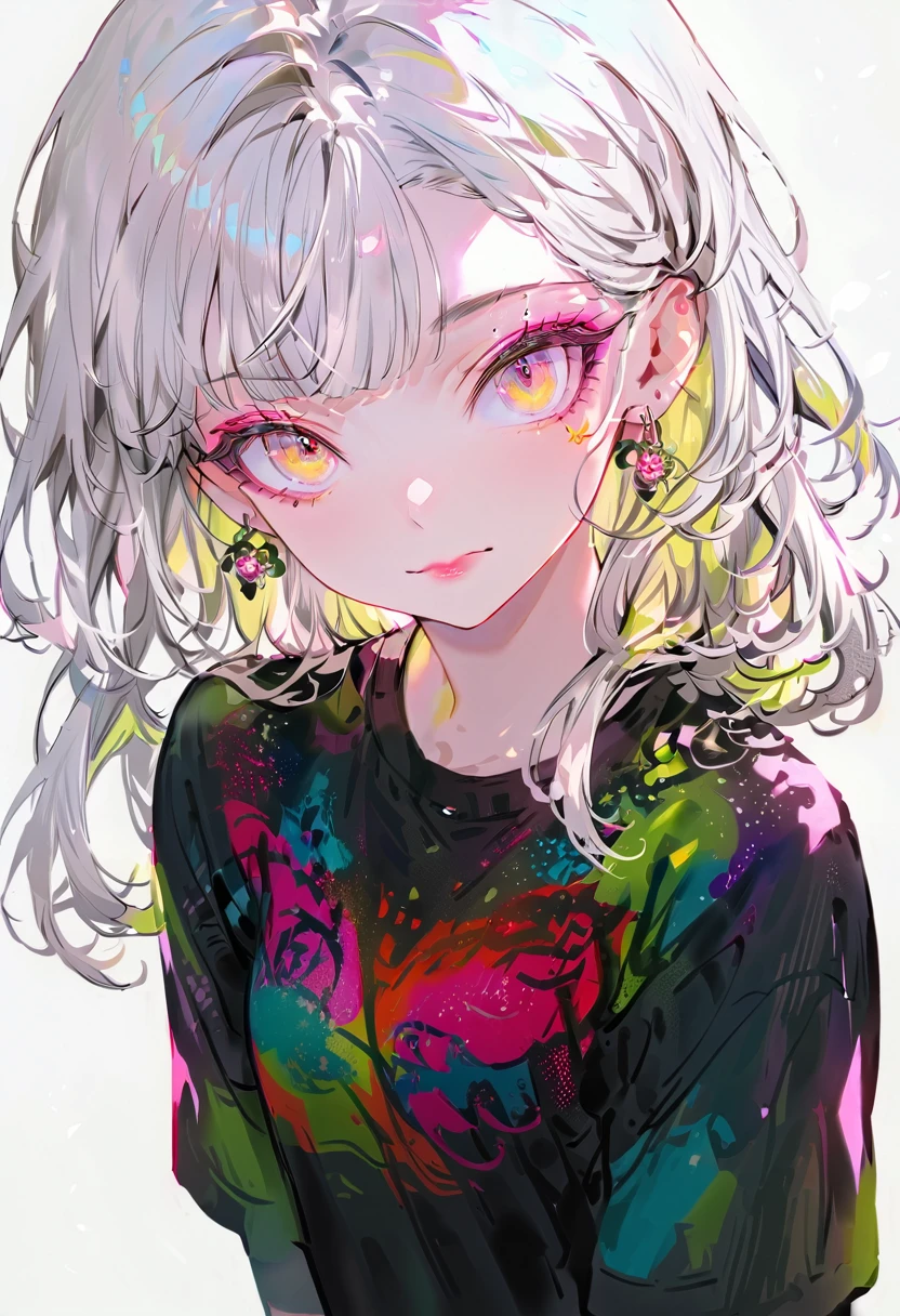 (highest quality,Super detailed,High resolution:1.2),Beautiful girl with a perfect face,very_Long eyelashes, Detailed lips, A radiant smile, Soft Skin, Shiny Hair,Vibrant Background,Exquisite makeup,Oversized T-shirt,Shorts,Silver Hair,Heavy bangs,Staring at me