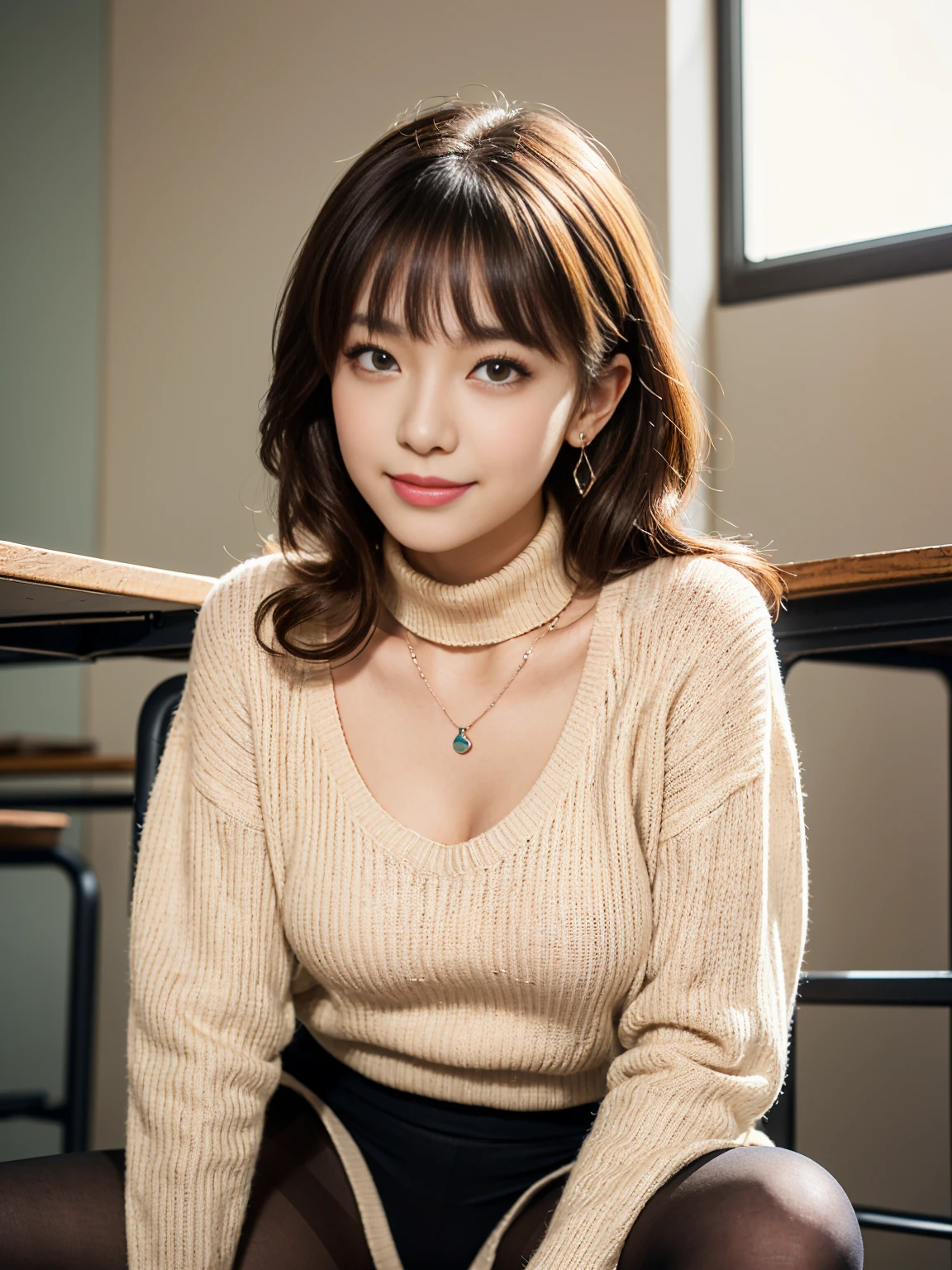 (Tabletop, highest quality, High resolution, , Pixel perfect, 4K,), 1 girl, single, alone, Beautiful woman、I could see the whole body、 ((Wavy mid-hair, bangs, Brown Hair)), ((Brown eyes, Beautiful eyelashes, Realistic eyes)), ((Detailed face, blush:1.2)), ((Smooth texture:0.75, Realistic texture:0.65, Realistic:1.1, Anime CG Style)), Medium chest, Dynamic Angle, Perfect body, ((, female teacher, , Earrings、necklace、White turtleneck sweater、Beige flared skirt、Matte black pantyhose、Spread your legs wide、Get down on one knee、A shy smile)), Superior、、、evening、Sit at a desk、Bring your arms together to emphasize your chest、(、Showing polka dot panties under pantyhose、Angle from below)、
