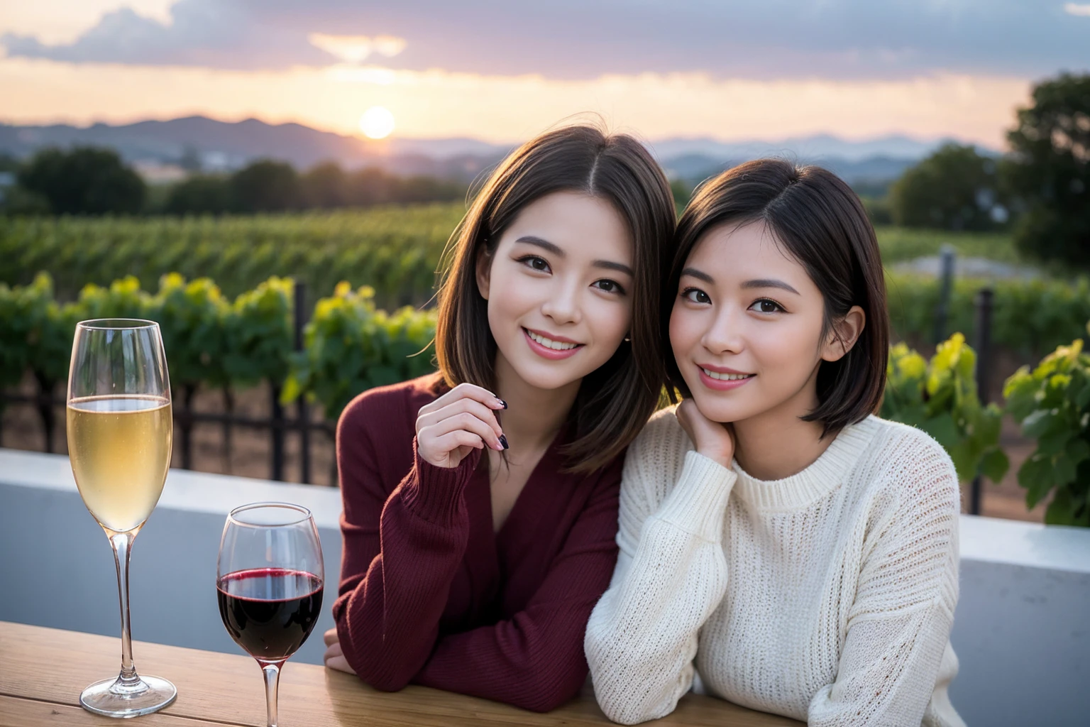 ((highest quality、8k、masterpiece:1.3))、 (Real, Genuine、Face carefully、Bright image、Intricate details:1.2), 最高のsmile、1 male, 1 female、Beautiful couple、Lovers、Japanese couple、A gentle lover、actress、model、smile、full-course dinner、Pink long sweater: 1.1, Super Fine Face, Delicate eyes, double eyelid, smile, (Slim face), (the body is slim), (Brown Hair), (short hair), テーブルの上のwine glass、Please put light on my face、 Amazing view of the sunset sky and clouds、 (42 years old), 39 years old, red wine 、Wine bottle、sparkling wine、Long sleeve shirt、dress、White wine, red wine, wine glass,