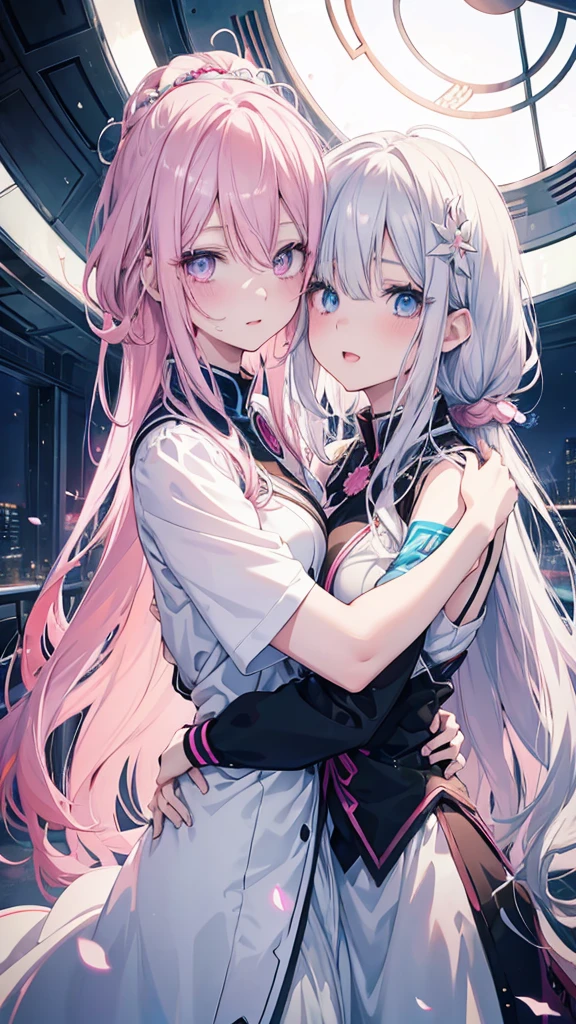 2 anime girl hug each other: 1 with pink eyes and pink hair, 1 with blue eyes and white hair, beautiful anime girls, zerochan art, digital art on pixiv, guweiz on pixiv artstation, nightcore, pixiv, anime girls, trending on artstation pixiv, beautiful anime art style, beautiful anime artwork, (ultradetailed eyes), Dramatic, superfine illustration, Extremely detailed, 1girl in,ager, (pale skin), long white hair, Ethereal eyes, Blue eyes,blush,Solo,Smile, Happy, Laugh, Enjoy, Open mouth, Pouty lips,Cinematic lighting, Looking at Viewer