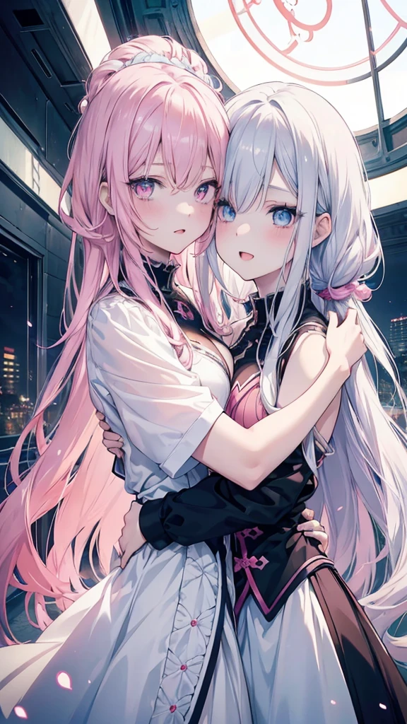 2 anime girl hug each other: 1 with pink eyes and pink hair, 1 with blue eyes and white hair, beautiful anime girls, zerochan art, digital art on pixiv, guweiz on pixiv artstation, nightcore, pixiv, anime girls, trending on artstation pixiv, beautiful anime art style, beautiful anime artwork, (ultradetailed eyes), Dramatic, superfine illustration, Extremely detailed, 1girl in,teenager, (pale skin), long white hair, Ethereal eyes, Blue eyes,blush,Solo,Smile, Happy, Laugh, Enjoy, Open mouth, Pouty lips,Cinematic lighting, Looking at Viewer