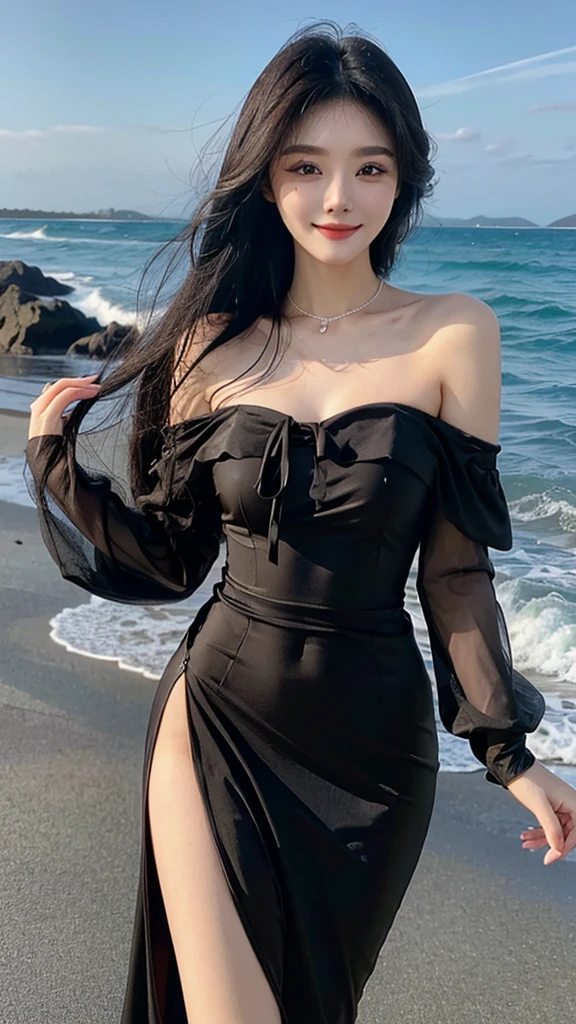 A sweet girl by the beach,voluminous hair,Delicate face,Photorealsitic,of a real,largeaperture,wears a black dress,A cropped dress,Off-the-shoulder,A dress around the neck,Slim,smiles,Ultra-high resolution