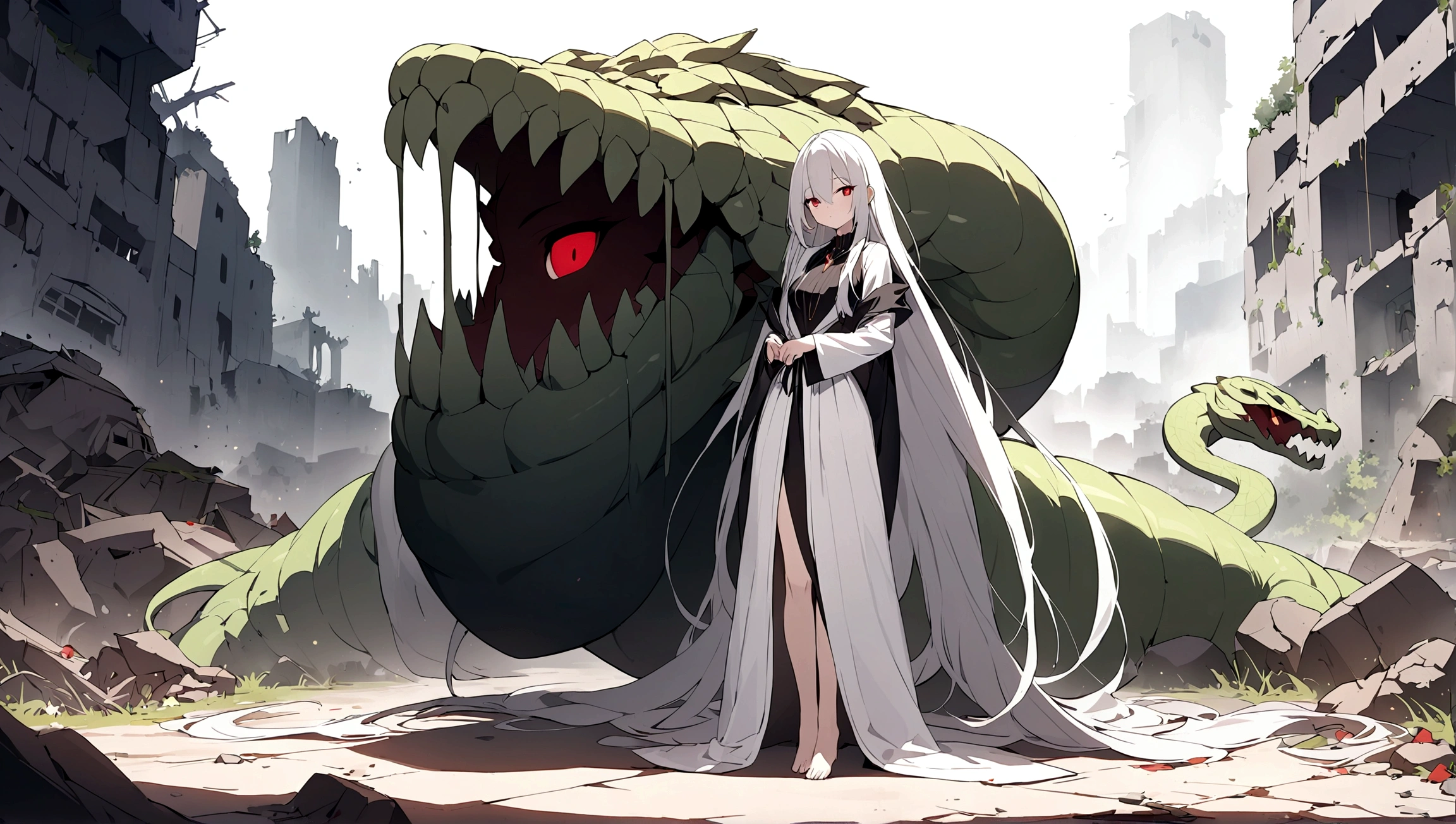 a girl，alone，masterpiece，best quality，white hair，white hair，white hair，red eyes，Blackening，dark，cypress scraper，shadow thing，douchebag，sneering，overlooking，Black shadow，Black viscous liquid，gloomy，Black belly，steady，Barefoot Cthulhu，Face mask，black slime，Compound，Large mouth of blood，，cloak，tentacle，girl，snake，，masterpiece, best quality, best quality,Astonishing,Beautiful red eyes,fine details,depth of field,Extremely detailed CG unified 8k wallpaper, masterpiece,(((dark white hair))),leader,(shadowy mist),{flowing hair},{thick skull},(Ruins of beautiful details),{Character close-up},(((whole body))),(The skin is smooth and shiny),(Smooth face、Radiant hair),perfect details,Beautifully gorgeous necklace,
