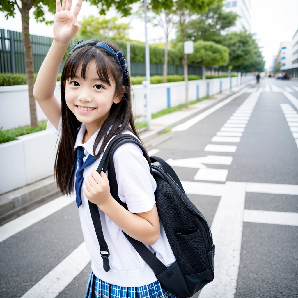 One girl, Primary school students, school bag, Raise your hand and walk across the crosswalk, (Masterpiece), (Realistic), (Ultra fine), (beautiful), White background, RAW Photo, White Wall, Big eyes, Smile,