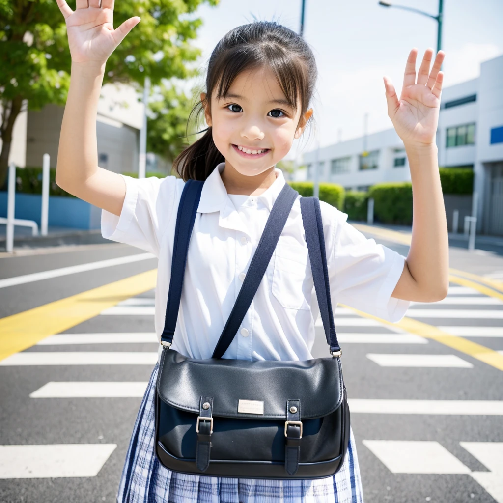 One girl, , school bag, Raise your hand and walk across the crosswalk, (Masterpiece), (Realistic), (Ultra fine), (beautiful), White background, RAW Photo, White Wall, Big eyes, Smile,