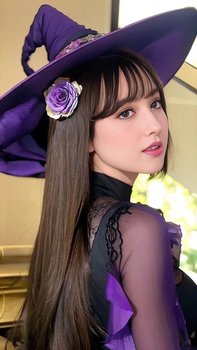a beautiful girl, perfect face, arms at sides, masterpiece, ultra high res, high quality, 4k, upper body:1.5, lisa (genshin impact), urple witch hat, green eyes, brown hair, (PureErosFace_V1:0.008), (european:1.6), bangs, dress, rose, jewelry, witch, capelet, purple headwear, black gloves, purple flower, hair between eyes, purple rose, parted lips, purple capelet, hat flower, multicolored dress, hair ornament, windmill, from side, big breasts and slender body