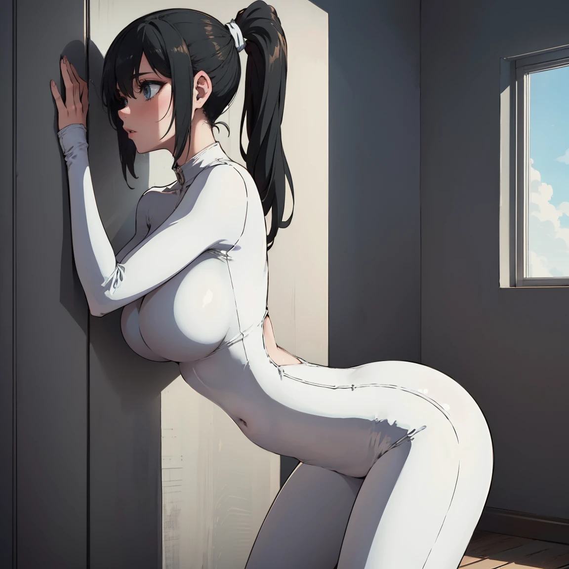 ruanyi0179,white jumpsuit,short black hair,ponytail,cute face, 30 yo female,adult, big breasts,busty,wide hips,small waist, ((squeezing own breasts))