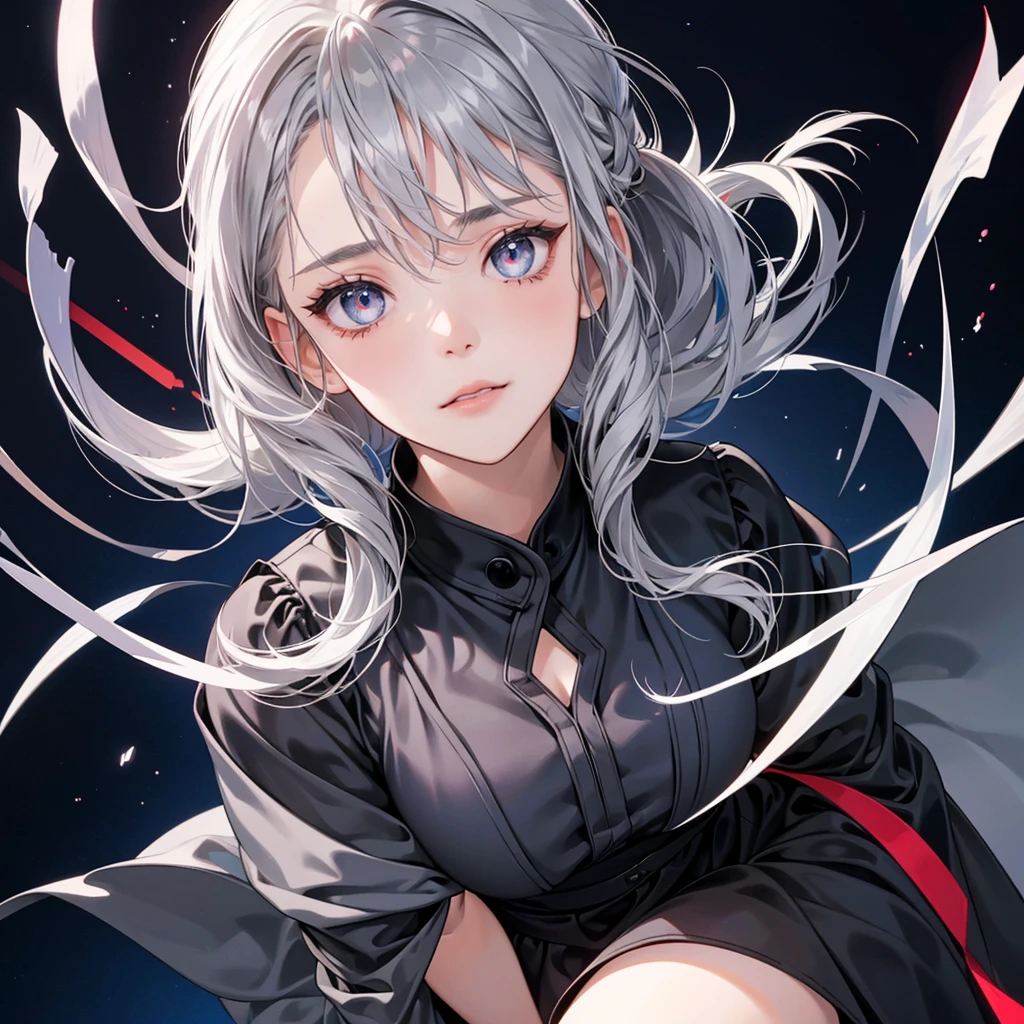 1 girl, high resolution, long silver/gray hair, red blinking light eyes, wearing cute and modest black dress, weak, scared, detailed face, indigo background, ultrasharp, 8K, masterpiece, looking at the sides