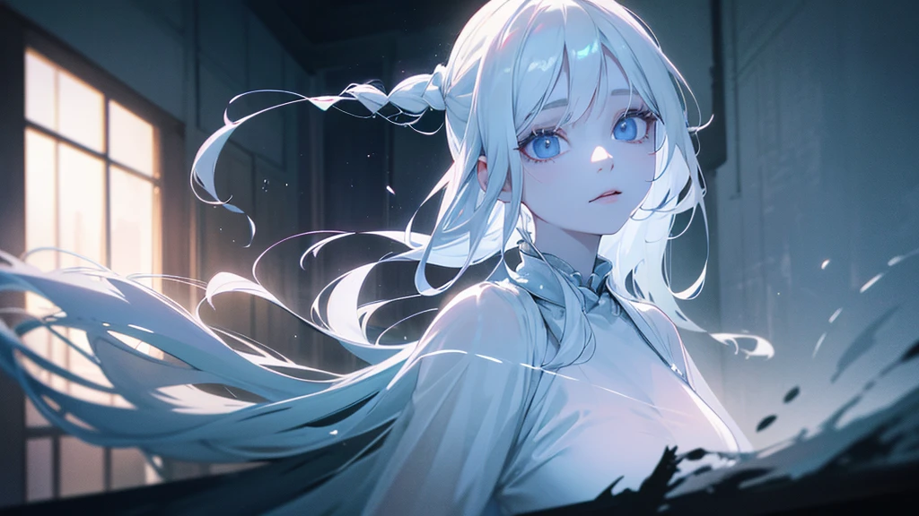 a beautiful ghostly girl with long white hair and black eyes, wearing a white dress, with an eerie supernatural aura, floating in a traditional Japanese room, (best quality,4k,8k,highres,masterpiece:1.2),ultra-detailed,(realistic,photorealistic,photo-realistic:1.37),extremely detailed eyes and face,longeyelashes,delicate facial features,porcelain skin,ghostly transparent floating body,ethereal,surreal,dark moody lighting,dramatic shadows,cinematic composition,muted color palette