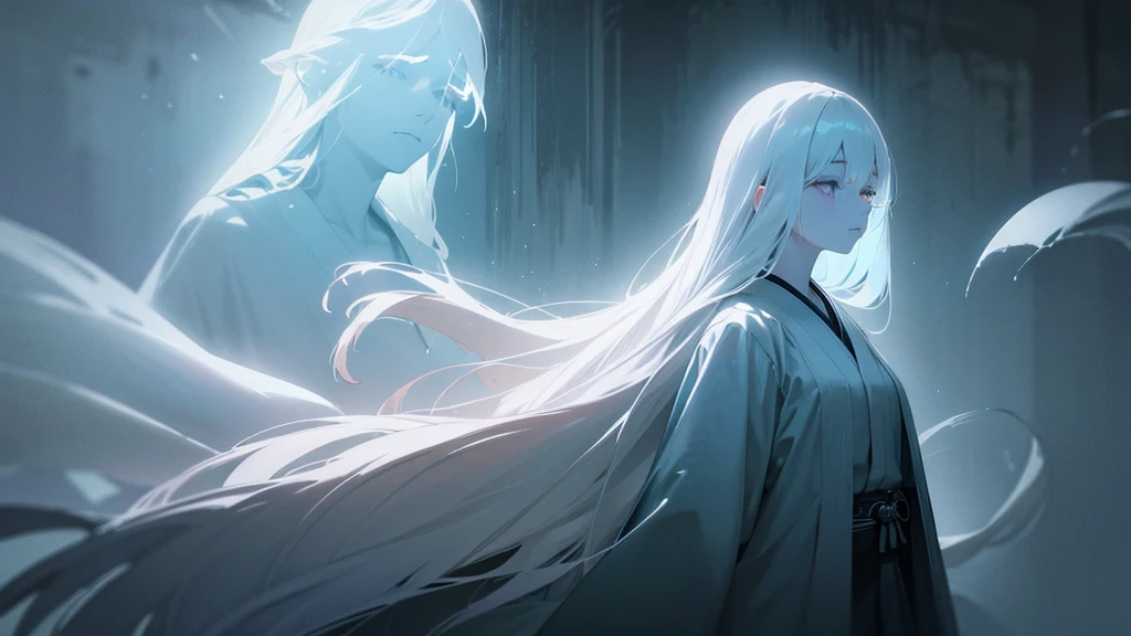 a beautiful ghostly girl with long white hair and black eyes, wearing a white dress, with an eerie supernatural aura, floating in a traditional Japanese room, (best quality,4k,8k,highres,masterpiece:1.2),ultra-detailed,(realistic,photorealistic,photo-realistic:1.37),extremely detailed eyes and face,longeyelashes,delicate facial features,porcelain skin,ghostly transparent floating body,ethereal,surreal,dark moody lighting,dramatic shadows,cinematic composition,muted color palette