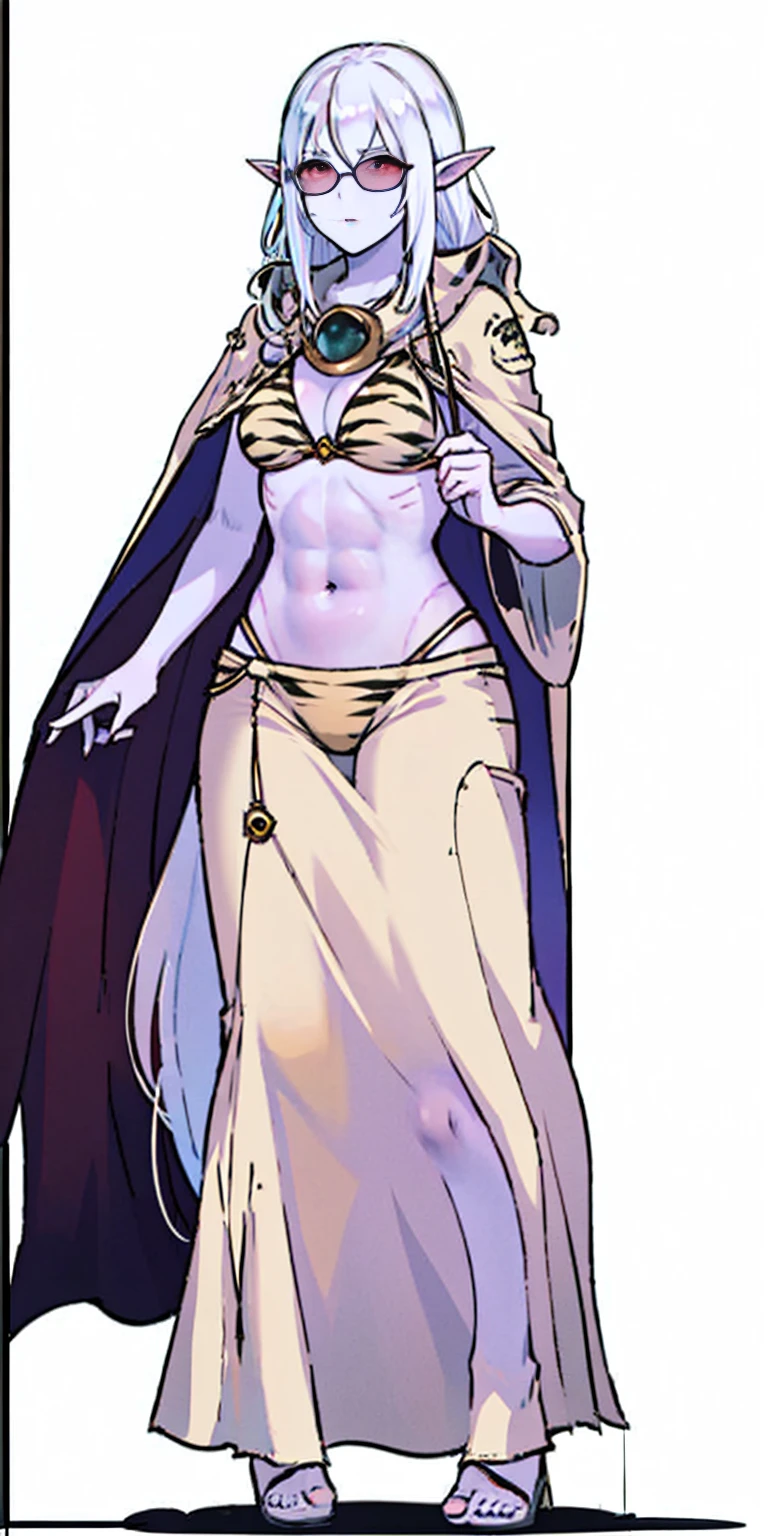 Full body, masterpiece, 1solofemale drow elf purple skin standing pose (yellow tiger bikini) red cape, red bikini, long white hair, strong body, abs, Ultra Quality, shiny skin, Atmospheric, 8K, Cinematic ((PLAIN WHITE background)) BREAK, sunglasses