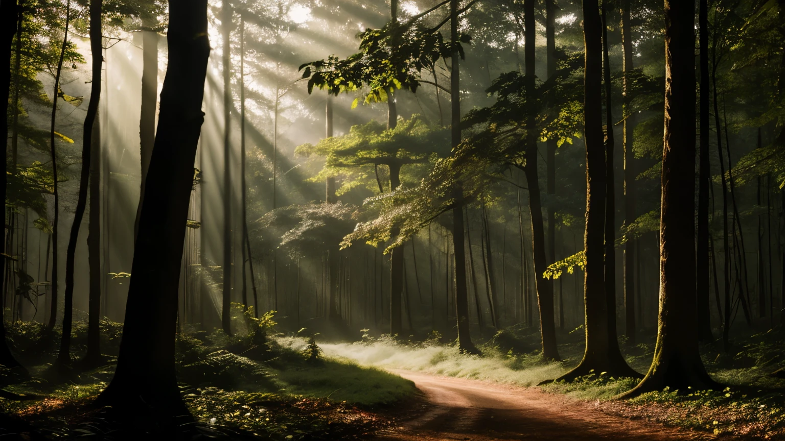 The forest wakes up as the first light of dawn filters through the dense canopy