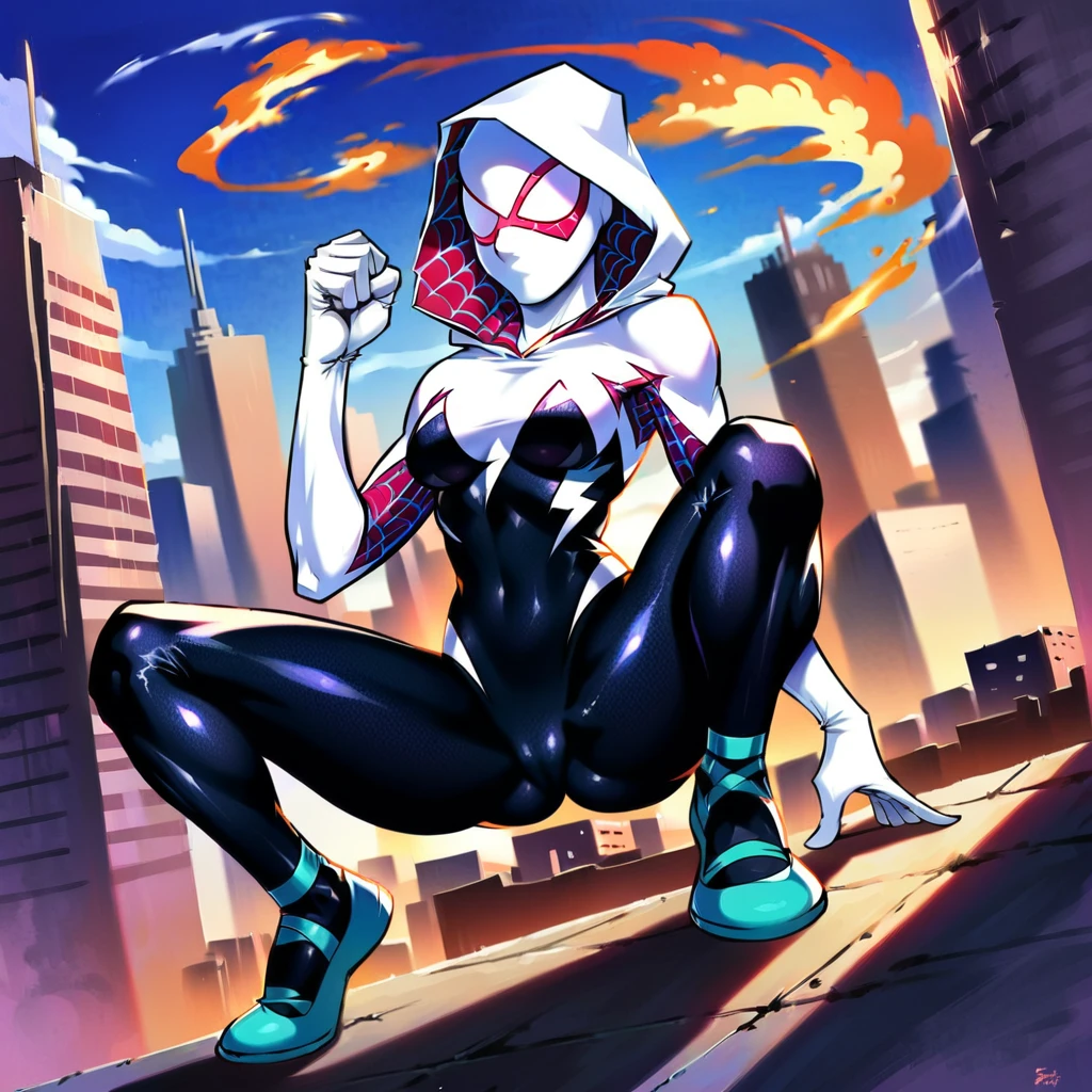 score_9, score_8_up, score_7_up, score_6_up, score_5_up, (high quality, detailed, absurdres, high resolution, masterpiece, beautiful), detailed soft lighting, rating_safe, source_cartoon, Ed Benes style, Spider Gwen, (wearing Spider Gwen mask and hood:1.5), voluptuous body, crouching on rooftop, action pose, cameltoe, city background.