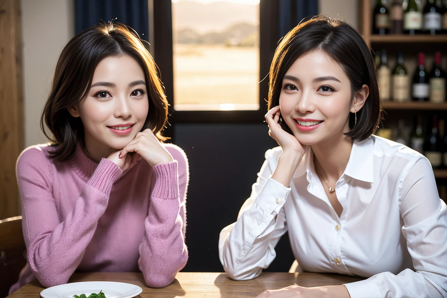 ((highest quality、8k、masterpiece:1.3))、 (Real, Genuine、Face carefully、Bright image、Intricate details:1.2), 最高のsmile、1 male, 1 female、Beautiful couple、Lovers、Japanese couple、A gentle lover、actress、Supermodel、smile、full-course dinner、Pink long sweater: 1.1, Super Fine Face, Delicate eyes, double eyelid, smile, (Slim face), (the body is slim), (Brown Hair), (short hair), テーブルの上のwine glass、Please put light on my face、 Amazing view of the sunset sky and clouds、 (42 years old), 39 years old, red wine 、Wine bottle、sparkling wine、Long sleeve shirt、dress、White wine, red wine, wine glass, 
