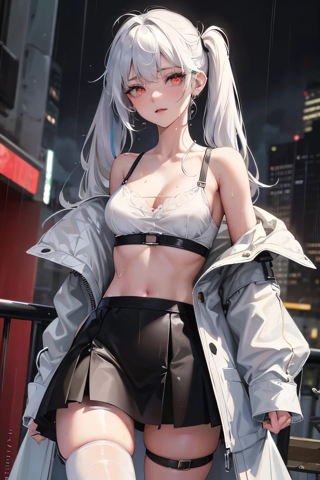 realistic, anime, 1girl,bangs, twintails, long hair, small breasts, off shoulder, white hair, rainbow hair, oversized T-shirt, white T-shirt, black bra, bare legs, thigh, cleavage, collarbone, (extremely detailed CG unity 8k wallpaper, masterpiece, best quality, ultra-detailed, best shadow), (masterpiece:1.2, best quality), very red eyes, sweat, soft body, cute, arm strap, thigh strap, multicolor eyes, outside, out door, raining, night, wet cloths, standing, standing in the rain, wet hair, wet skin, see through, (heavy rain), ruined  building, messy ground, bullet shells on ground, dust, wounds, walking, jacket, tactical suit, military equipment, (night), white legwear, wet thighs, ((lotion)), from behind, (wet), dress, skirt, , happy, happy expression, thighs, from below, horizon, \(weapon\)