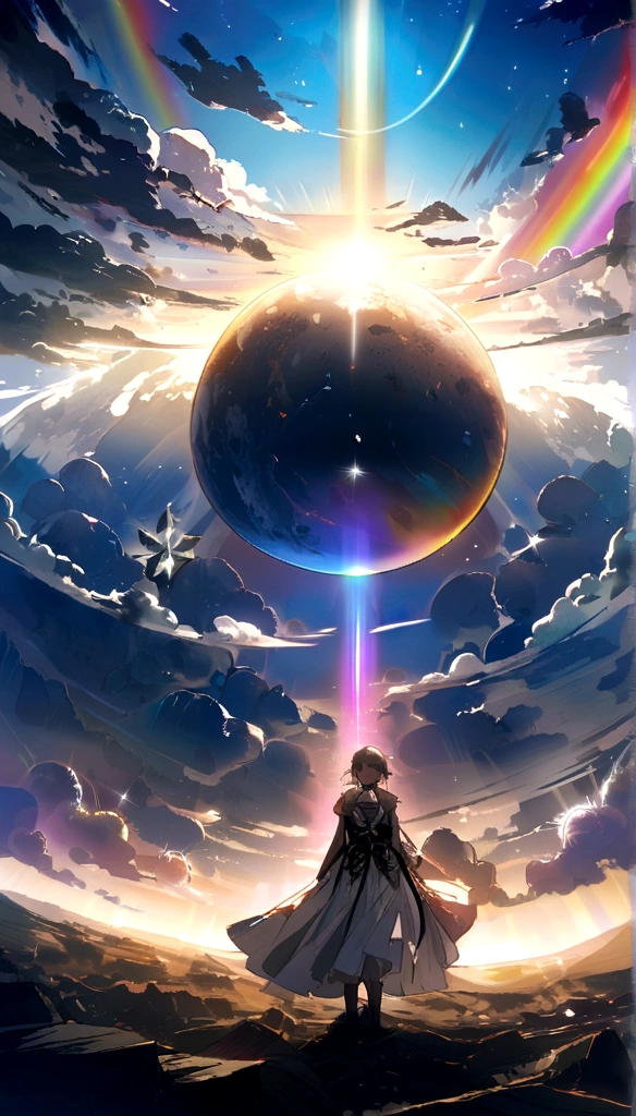 Phantom of the Planet, Planet with bright rainbow and rings in the sky、Silver、Sparkling、sun