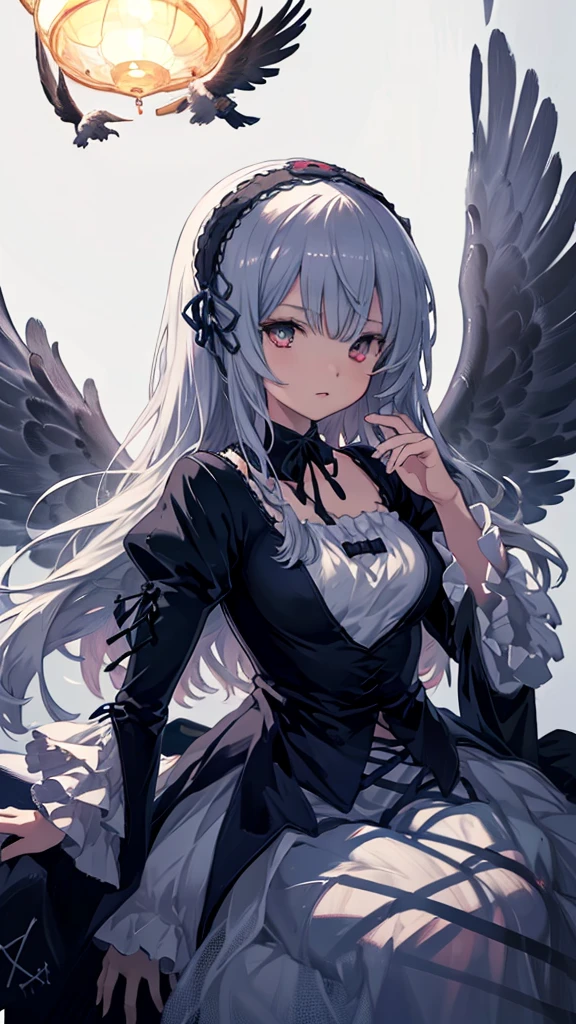 Moonlit Night、(((Soaring from the sky)))、Mercury lamp、Black feathers flutter down、ローゼンメイデンMercury lamp、masterpiece:1.2), highest quality, High resolution, ユニティ8kwallpaper, (figure:0.8), (Detailed and beautiful eyes:1.6), Highly detailed face, Perfect lighting, Extremely detailed CG, (Perfect hands, Perfect Anatomy), P, Anime Girls, best anime 4k, wallpaper, Detailed digital anime art, Detailed anime artwork, アートwallpaper 4k,, 8k high quality detailed art、