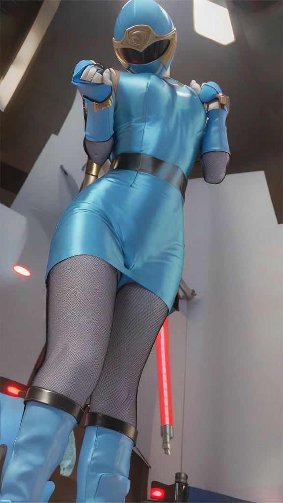 Photorealistic、High resolution、((focus thighs)), ((In a brightly lit research facility))、Hurricaneger Blue、Big Breasts、(covered nipples), Covered navel、Blue rubber suit、belt、A blue helmet that covers the entire face、((Very thin black stockings))、thighs, thighs, Blue long boots、Female Hero、Stand and put your hands on your hips、(foot on penis), ((footjob))、1boy is wearing Red pants, (penis), (((ejectcum))),、(((No background)))