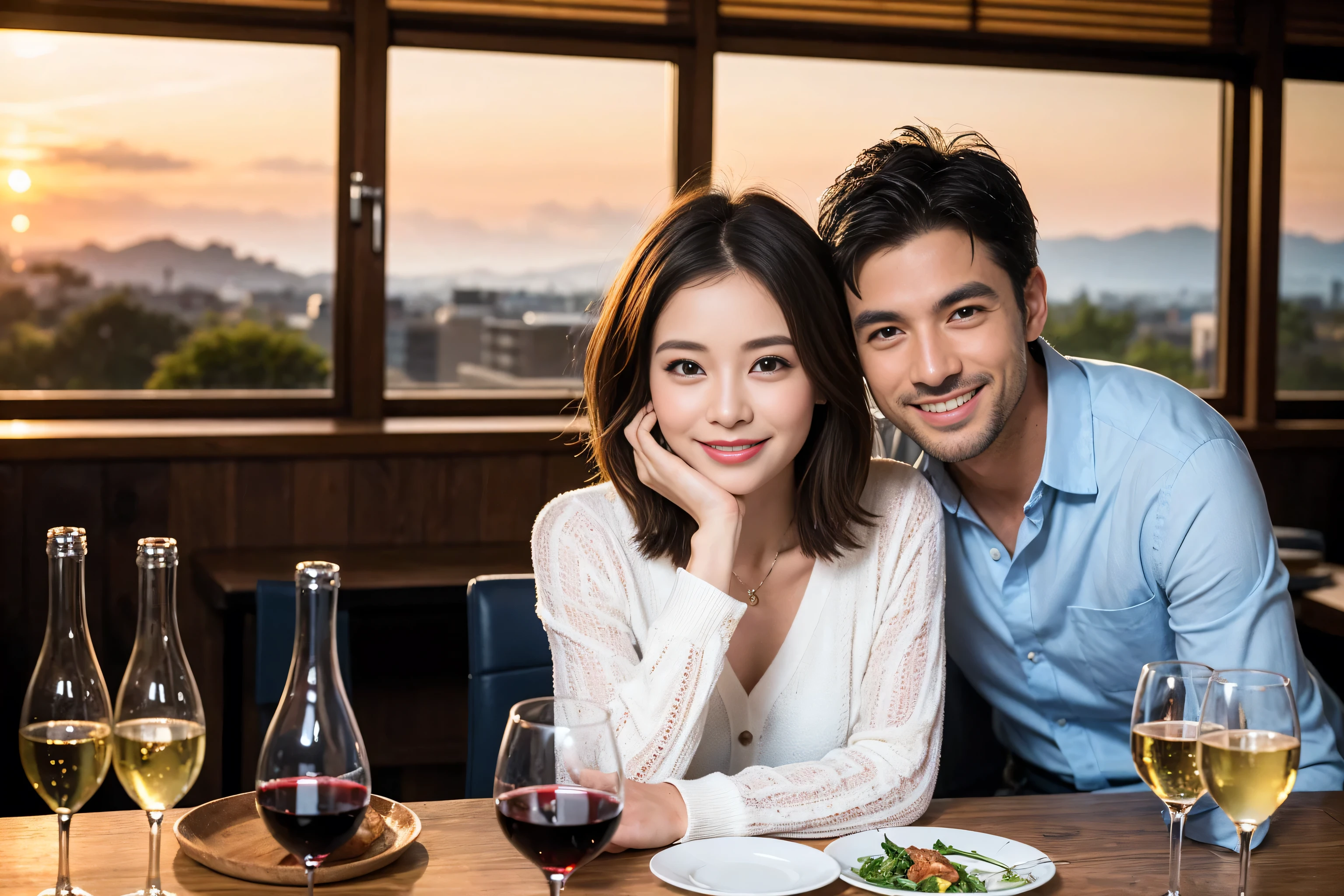 ((highest quality、8k、masterpiece:1.3))、 (Real, Genuine、Face carefully、Bright image、Intricate details:1.2), Best smile、1 male, 1 female、Beautiful couple、Lovers、Japanese couple、A gentle lover、actress、model、smile、full-course dinner、 (Slim face), (the body is slim), (Brown Hair), (short hair), Wine glass on the table、Please put light on my face、 Amazing view of the sunset sky and clouds、 (36 years old), 39 years old, red wine 、Wine bottle、sparkling wine、Long sleeve shirt、dress、White wine, red wine, wine glass,