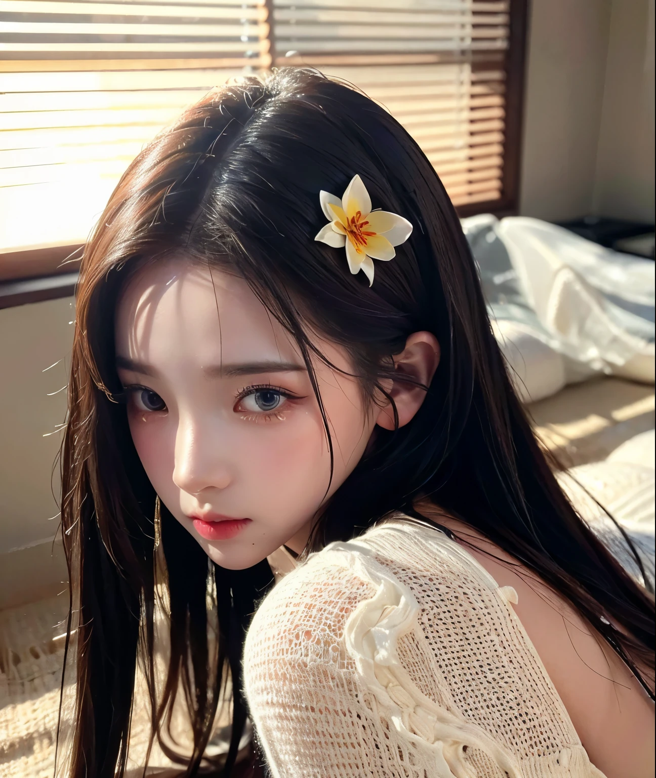 (Highest Quality, 4k, 8k, High Resolution, Masterpiece: 1.2), Ultra Detailed, (Realistic, Photorealistic, Photorealistic: 1.37), 1 girl, Beautifully detailed eyes, Super detailed pupils, Moist pupils, Delicate skin, Beautifully detailed lips, Highly detailed eyes and face, Long eyelashes, Cute girl, White see-through panties, Colorful flower decoration going around the head, Large crotch