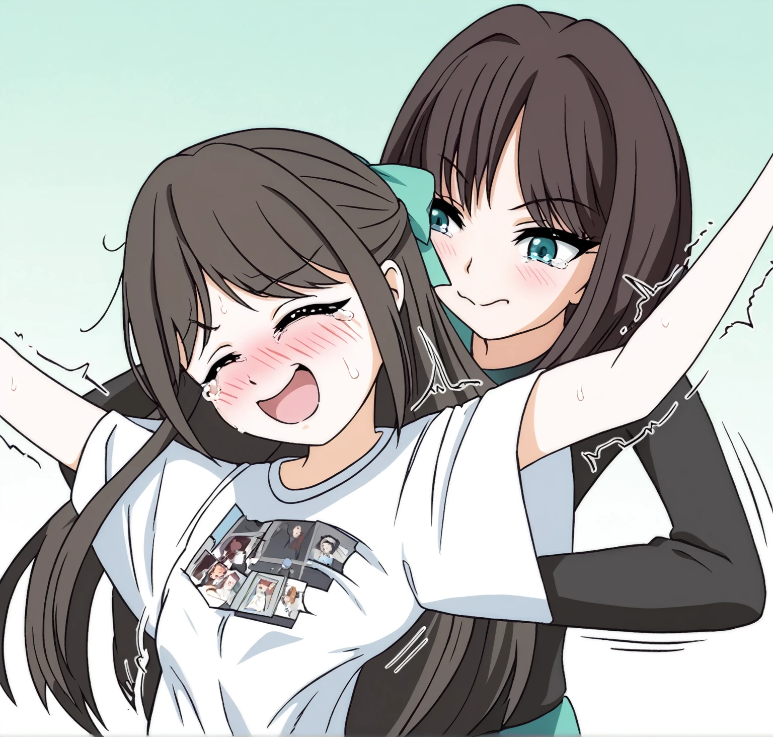 two extremely delicate and beautiful girls,Girl in white shirt raising her arms,The other girl put her hand into the sleeve of the girl in the white shirt with a sly smile,(laughing:1.4),(big mouth:1.1),open mouth,happy,(frown:1.3),crazy smile,(pain face:1.2),blush,tears,sweat,(tickling armpits),((trembling)),(((masterpiece))), (((best quality))), (official art), ((extremely detailed CG unity 8k wallpaper)), (Best character details), ((ultra-detailed)), (illustration), (dynamic angle),